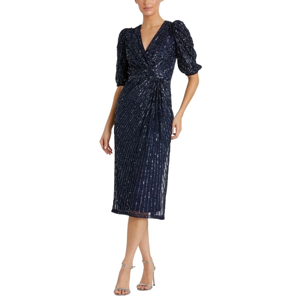 Mac Duggal 5578 Navy Blue Cocktail Dress Sequined V-Neck Midi Sheath Size 4